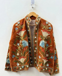 Luxury Rust <b>Velvet</b> Floral Embroidery Jacket <b>Women</b> Boho Chic Stand Collar Short <b>Coat</b> Traditional Indian Handicraft Outerwear - Product Image 2