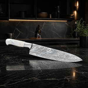 Handmade Chef <b>Knife</b> Damascus Steel Bone Handle 8-Inch Blade Ambidextrous Design Modern Style Extra <b>Sharp</b> Leather Sheath - Product Image 5