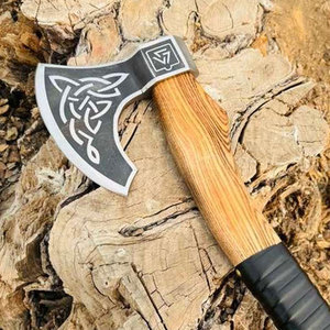 Scandinavian Industrial Grade Viking Axe Heritage Inspired Engravings Carbon Steel Blade Leather Grip <b>Wrap</b> Natural <b>Wood</b> Finish - Product Image 4