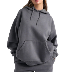 Sweat-shirt à capuche oversize pour femme, couleur unie, épaules tombantes, en molleton, avec poches, respirant, tricoté, pour l'hiver - Product Image 1