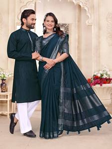 Conjunto Festivo de Lujo para Mujer HENIXA CREATION con Kurta Pajama de Lino Premium de Secado Rápido y Corte Ajustado y Saree Coordinado - Product Image 3
