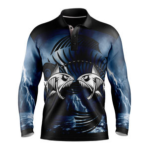 Camisa de Pesca Sublimada para Hombre, Diseño de Calavera, UPF 50, Secado Rápido, Poliéster, Manga Larga, Estilo Polo, Diseño Océano Azul - Product Image 4