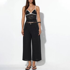 Elegant Front Pleated <b>Trouser</b> Women's High Waist Wide Leg Pants <b>Black</b> Crepe Loose Fit Ankle Length Summer Breathable Button Fly - Product Image 1