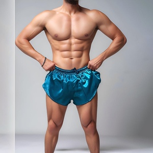 Shorts en satin de soie vert sarcelle pour homme, couleur unie, taille élastique avec cordon de serrage, décontractés, longueur courte, tissu respirant - Product Image 6