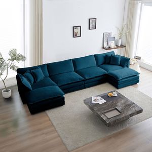Divano componibile a U in ciniglia blu, reversibile, con pouf extra, comodo e ampio per il soggiorno - Product Image 2