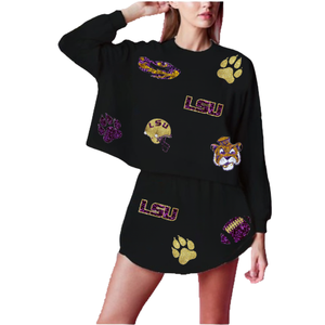 Wholesale Custom Game Day Football Sequin Embroidery <b>Top</b> Short Set for Women Spring/Summer Crew Neck Breathable Women Casual Set - Product Image 3
