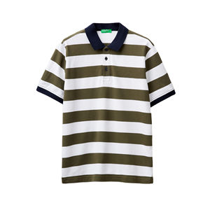 Polo rayé pour homme, olive et blanc, rayures horizontales, col contrastant, manches courtes, respirant, décontracté, pour l'été - Product Image 1