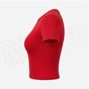 North Approach <b>Red</b> Ribbed <b>Crop</b> <b>Top</b> Short Sleeve Crew Neck Solid Active Stretch Yoga Wear Women's Sportswear - Product Image 3