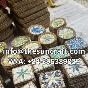Premium Mosaic Mother-of-Pearl Coaster - Rattan-Wrapped Protective <b>Edge</b> - Designer Heat-Insulating Drink Mat - Product Image 4
