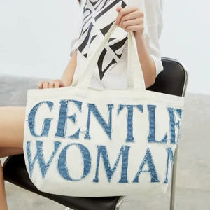 <b>White</b> Canvas <b>Shoulder</b> Tote <b>Bag</b> With Distressed Denim Lettering Large Cotton Fabric Tote <b>Bag</b> For Women Casual Daily Shopping Use - Product Image 1