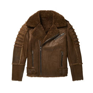 Muzamin Apparel <b>Men's</b> Real Brown Sheepskin <b>Shearling</b> Leather Flying <b>Jacket</b> Unique Stylish Fashion Casual Warm Heated Windproof - Product Image 1