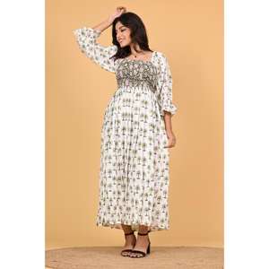 Robe longue maxi en coton indien faite à la main pour femme, style bohème, smockée, pour l'été, tenue de soirée, écologique, respirante, à manches évasées - Product Image 2