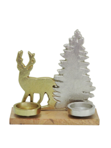Porte-bougie en aluminium en forme de renne doré et d'arbre de Noël argenté sur base en bois - Décoration de table festive pour les fêtes, centre de table de Noël - Product Image 4