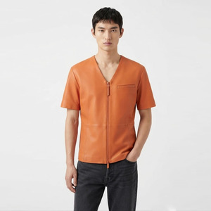 Camiseta Casual de Cuero Vacuno para Hombre, Cuello en V, Manga Corta, Cierre Frontal, Diseño Premium - Product Image 1