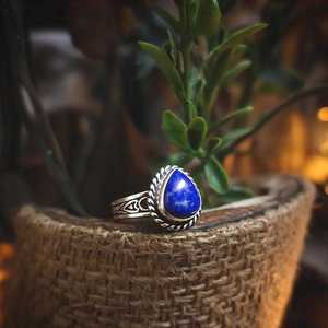925 Sterling Silver Boho Vintage-Inspired Handmade Statement <b>Ring</b> Natural <b>Lapis</b> <b>Lazuli</b> Pear Gemstone Fine Bohemian Jewelry - Product Image 6