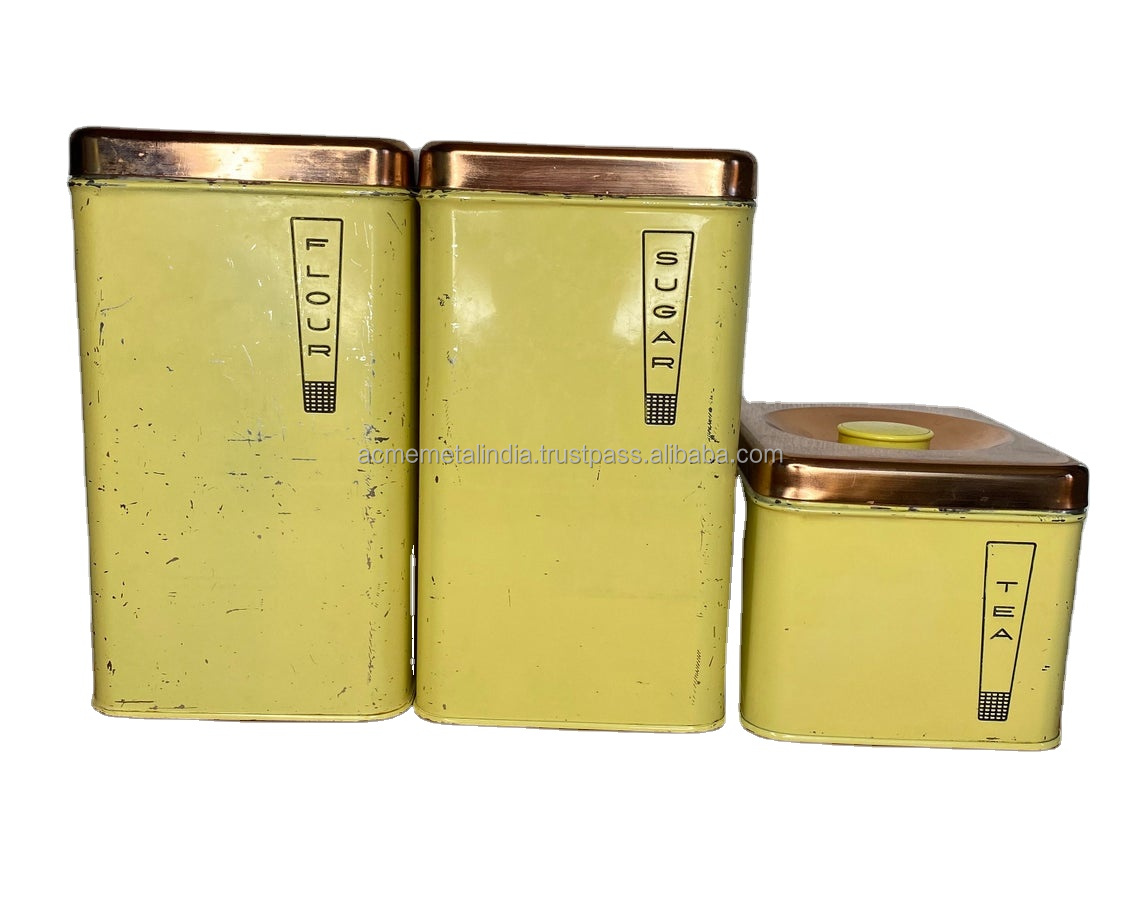 Vintage Mid Century Yellow And Copper Canister & Container Set Of 3 Vintage Design Kitchenware Oil Storage Metal Container