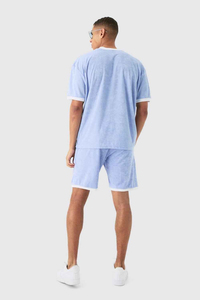 Nouvel ensemble sportif d'été pour homme, 100% coton, décontracté, respirant, en tissu éponge, 2 pièces, couleur unie, taille élastique, avec logo, manches courtes - Product Image 3