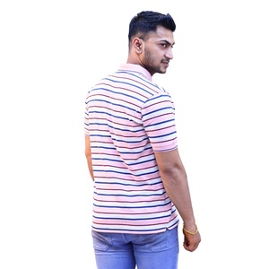 Người đàn ông thường xuyên phù hợp với một nửa tay áo Polo T-Shirt, sọc, giàu bông gân cổ áo đào với Hải Quân và sọc trắng. - Product Image 2