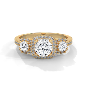 Anillo de Diamantes de Tres Piedras con Halo, 1.38 Quilates, Color G, Claridad VS1, en Oro Amarillo - Product Image 1