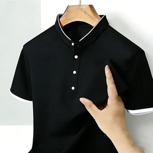 Camisetas de Verano Cómodas para Hombre, Cuello Mao, Manga Corta, Corte Regular, Ribete en Contraste, Ropa Casual de Oficina, Poliéster/Algodón - Product Image 4