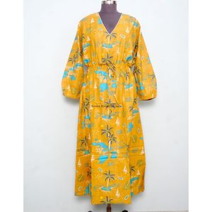 เดรสลำลองทรงตรงไซส์พลัสสำหรับผู้หญิง ลายพิมพ์บล็อกด้วยมือ แขนพอง คอวี เอวธรรมชาติ ความยาวระดับข้อเท้า - Product Image 1