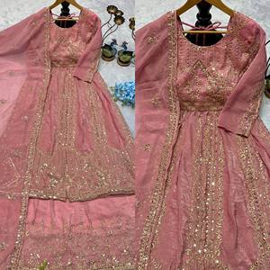 <b>Women</b> Pink Silk Embroidered Anarkali <b>Kurta</b> Dupatta Set Floor Length Wedding Party Wear - Product Image 4