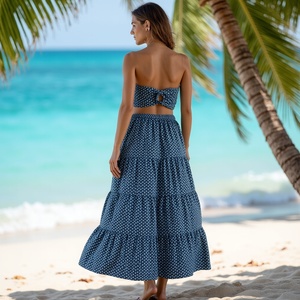 Jupe d'été Boho élégante faite à la main pour les filles Indigo gris bloc motif imprimé avec des couches à volants style magnifique pour les femmes - Product Image 1