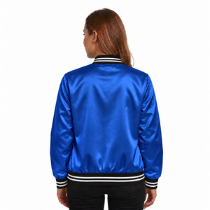 Chaqueta Varsity Azul Rey para Mujer, Satinada, Cortavientos, Transpirable, Manga Larga, Cuello Camisero, Ribete en Contraste, Corte Regular, Ropa de Invierno - Product Image 3
