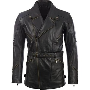 เสื้อโค้ทหนังสีดำสำหรับผู้ชายแบบมีเข็มขัดสไตล์นักขี่มอเตอร์ไซค์ - Product Image 1