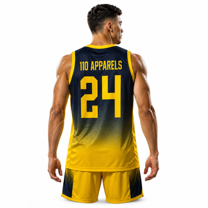 Ensemble de maillots de basket-ball pour hommes 110 Apparels, 100% polyester, dégradé jaune marine, logo sur le devant, séchage rapide, respirant, vêtements sportifs d'été - Product Image 1