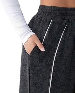 Pantalon de jogging ample en molleton noir anthracite pour femme, avec passepoil latéral, taille élastique et cordon de serrage, coupe décontractée, idéal pour la détente - Product Image 2