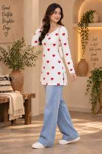 Tunique blanche à manches longues et col en V avec imprimé cœur rouge, style décontracté, vêtement ethnique, kurti court en rayonne pour femmes - Product Image 3