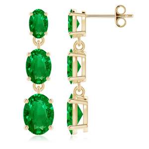 Elegant yellow gold emerald drop <b>earrings</b> featuring three graduated oval-cut emeralds in classic prong settings may birthstone - Product Image 1