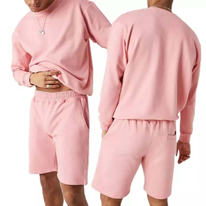 Men's Pink Casual 2-Piece <b>Set</b> Crew Neck Sweatshirt Shorts Solid Color <b>Knitted</b> Cotton Summer Wear - Product Image 6