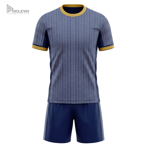 OEM Full Sublimated Football <b>Kit</b> Crew Neck Chevron <b>Knit</b> Pattern Soccer Uniform Solid Navy Shorts Sportswear Set - Product Image 1
