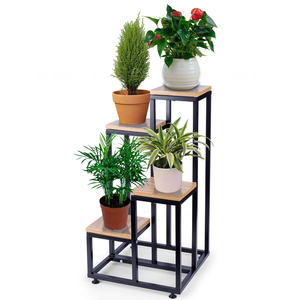 Support à fleurs moderne en métal avec plateau en bois, design carré, présentoir pour plantes d'intérieur, style minimaliste, finition thermolaquée - Product Image 2