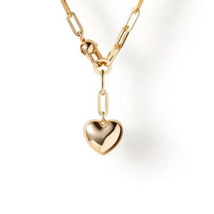 Collier tendance avec chaîne épaisse à maillons trombone et pendentif cœur bombé en laiton plaqué or - Product Image 3