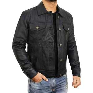 Veste de camionneur classique en cuir pour l'hiver, fermeture à boutons, coupe ajustée pour un look décontracté moderne. - Product Image 6