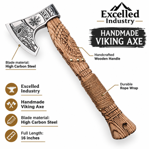 Hacha Vikinga de Acero al Carbono Hecha a Mano, Forjada a Mano, para Caza y Camping al Aire Libre, con Mango de Madera Grabado - Product Image 1