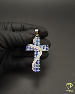 Pendentif croix personnalisé avec pierres bleues, diamants de laboratoire VVS, argent sterling 925, bijoux hip hop pour hommes - Product Image 1
