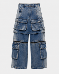Pantalon cargo en denim délavé pour homme, taille mi-haute, coupe ample, plusieurs poches, style streetwear décontracté, longueur intégrale, bleu - Product Image 6