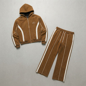 Sweat-shirts à capuche zippés marron de luxe à coupe carrée avec empiècements contrastants, pantalons de survêtement en molleton de coton épais personnalisés, coupe décontractée, style streetwear hip-hop - Product Image 4