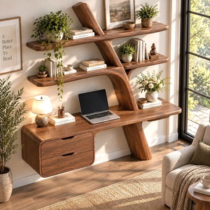 Escritorio de Madera Contemporáneo Hecho a Mano por Luxali, con Librero en Forma de Árbol, Estantes y Cajón, para Decoración de Oficina en Casa - Product Image 5