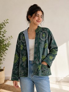New Suzani Exclusive Handmade Green Velvet Jacket Hand Embroidered Floral Boho <b>Cardigan</b> <b>Coat</b> Fresh Beauty Outwear Winter Blazer - Product Image 1