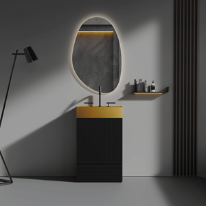 Mobile bagno Gada 20 pollici a righe nero opaco con lavabo integrato in acciaio inossidabile 304 oro spazzolato, autoportante per bagno - Product Image 1