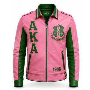 เสื้อแจ็คเก็ตหนังสีเขียวชมพูปักลาย Alpha Kapa Alpha AKA สไตล์นักขี่มอเตอร์ไซค์สำหรับผู้ชาย แบบซิป คอตั้ง - Product Image 5