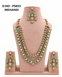Radiant Cut CZ Stone Double Layer Long Necklace With Coordinating Tika & Dangle Earrings Fashion <b>Jewelery</b> Set For Women Supplier - Product Image 1