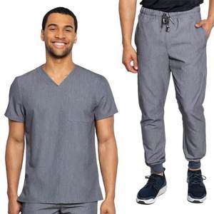 Pantalon de travail médical pour homme, col en V, manches courtes, uniforme d'hôpital, bordeaux, poches, tissu tissé polyester/spandex, détection d'aiguilles - Product Image 2