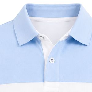 Light <b>Blue</b> White Striped <b>Polo</b> <b>Shirt</b> Short Sleeve Color Block Collared Button Front Casual Golf Teamwear <b>Shirt</b> with Crest Patch - Product Image 2