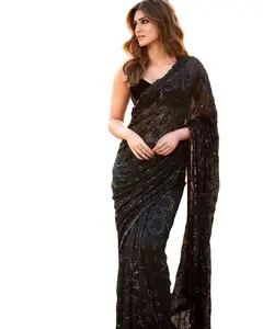 Novo designer de festa vestido de festas de kriti sanon, preto faux georgette com tom para tom com lantejoula, bordado, trabalho, saree com trabalho